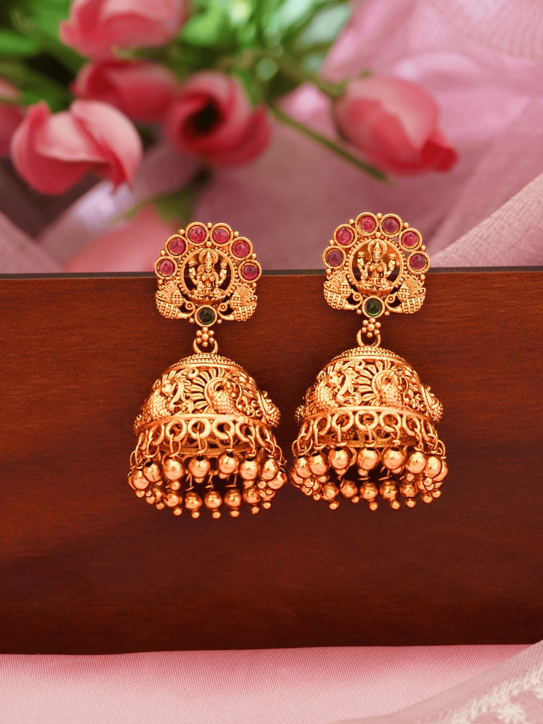 Timeless Laxmi Temple Jhumkas in Matte Gold with Ruby Inlay