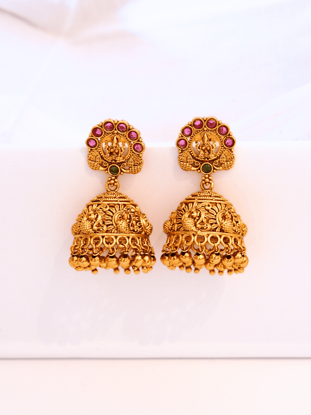 Timeless Laxmi Temple Jhumkas in Matte Gold with Ruby Inlay