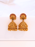 Timeless Laxmi Temple Jhumkas in Matte Gold with Ruby Inlay