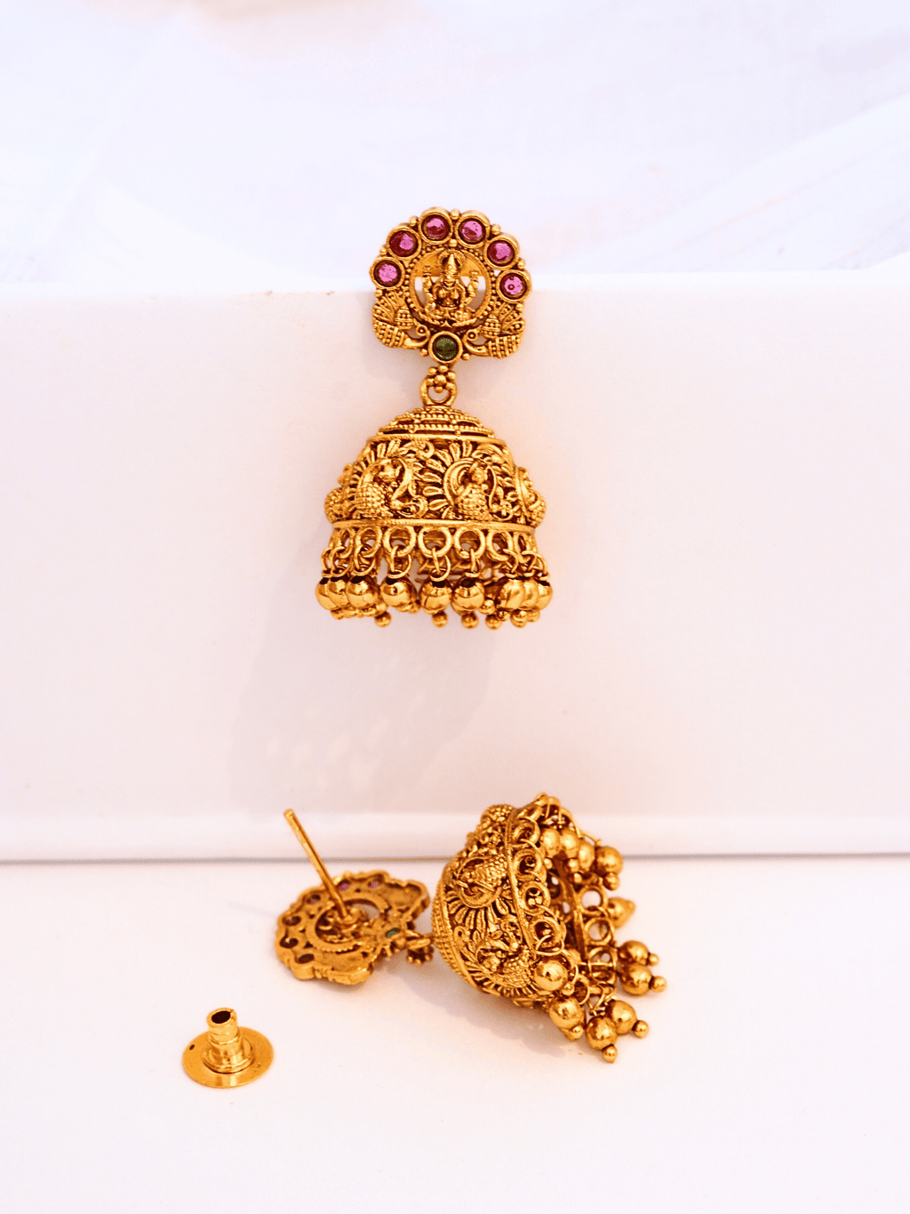 Timeless Laxmi Temple Jhumkas in Matte Gold with Ruby Inlay