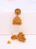 Timeless Laxmi Temple Jhumkas in Matte Gold with Ruby Inlay