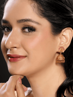 Timeless Laxmi Temple Jhumkas in Matte Gold with Ruby Inlay