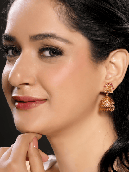 Timeless Laxmi Temple Jhumkas in Matte Gold with Ruby Inlay