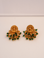 Elegant Laxmi Temple Studs with Green Crystals in 22KT Gold Matte