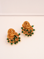 Elegant Laxmi Temple Studs with Green Crystals in 22KT Gold Matte