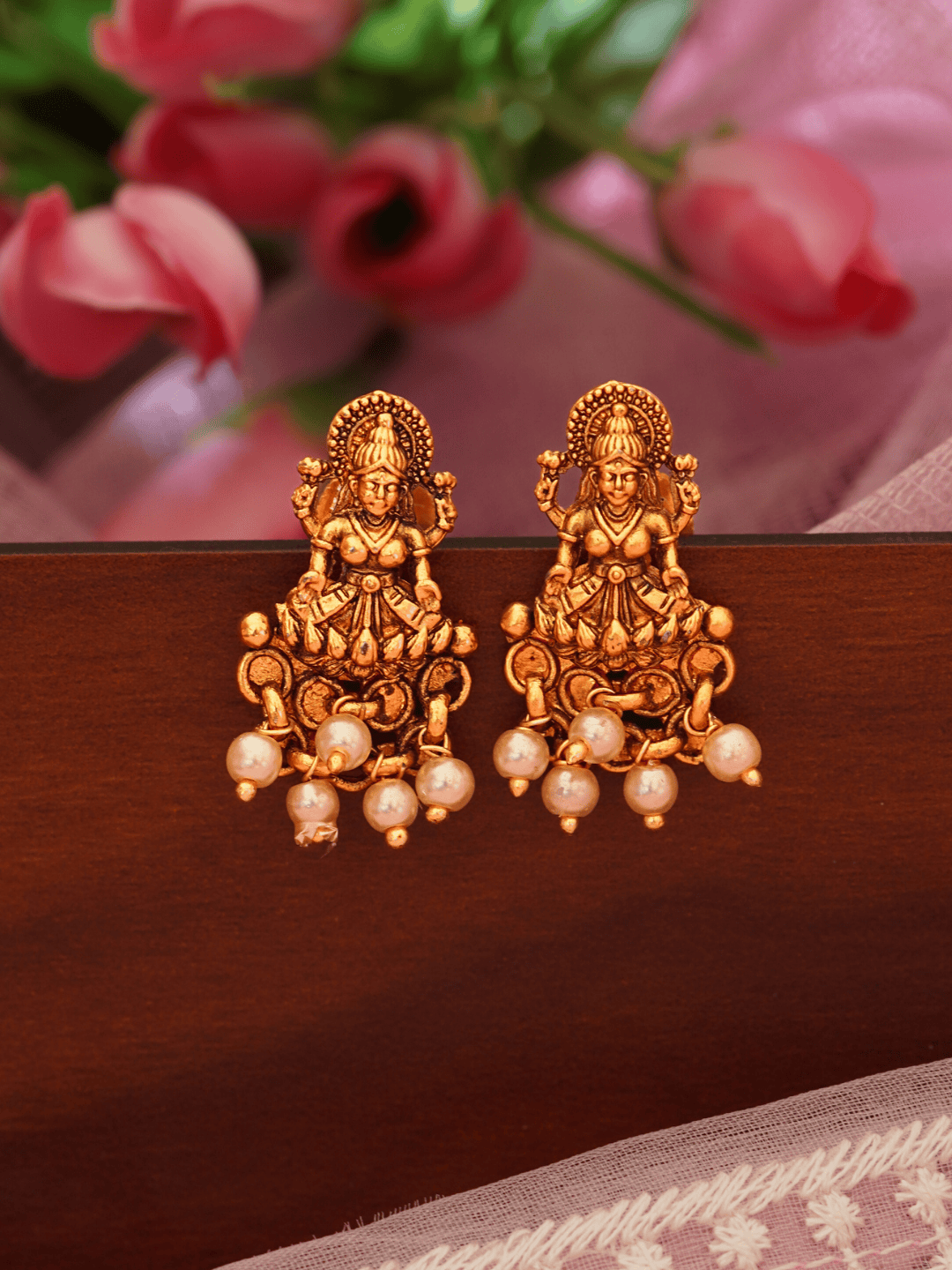 Laxmi Temple Studs with Ivory Pearls in 22K Matte Gold Finish