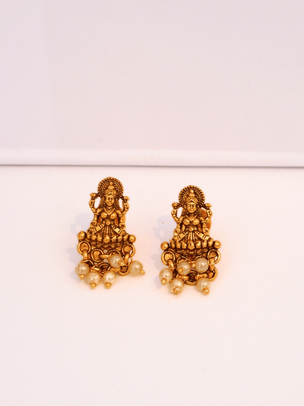 Laxmi Temple Studs with Ivory Pearls in 22K Matte Gold Finish