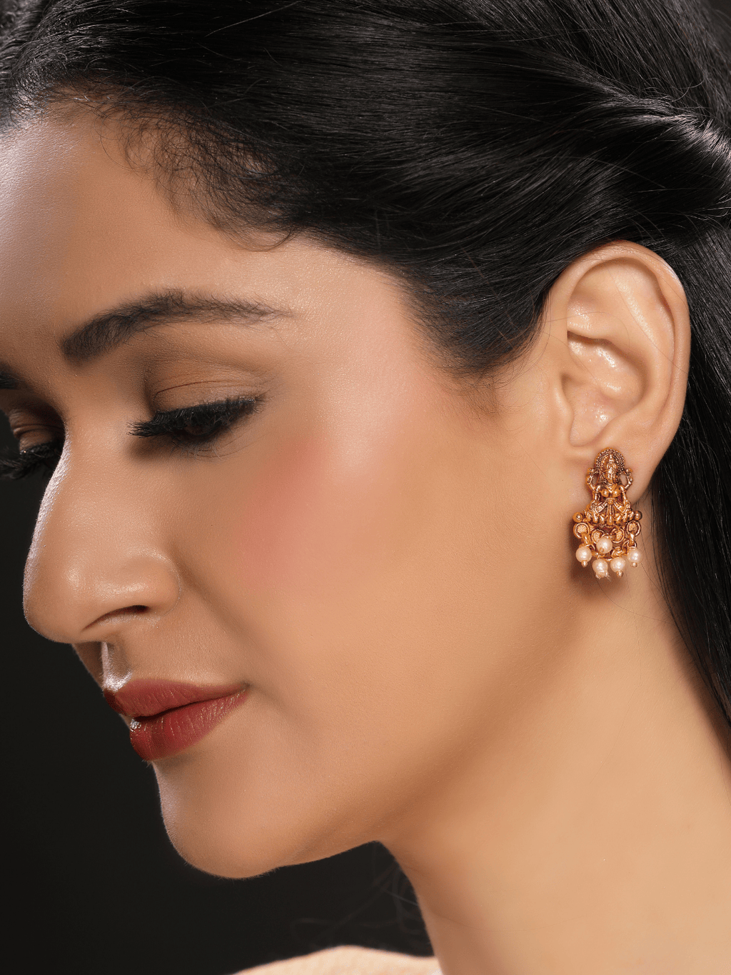 Laxmi Temple Studs with Ivory Pearls in 22K Matte Gold Finish