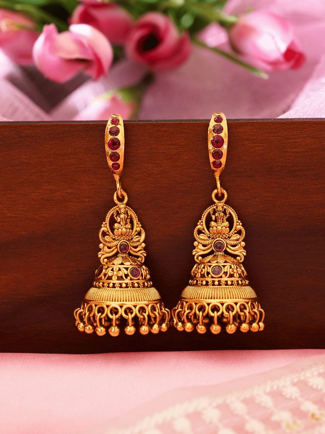 Linear Laxmi Temple Jhumka Earrings | 8KT Matte Gold-Plated Finish