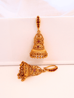 Linear Laxmi Temple Jhumka Earrings | 8KT Matte Gold-Plated Finish
