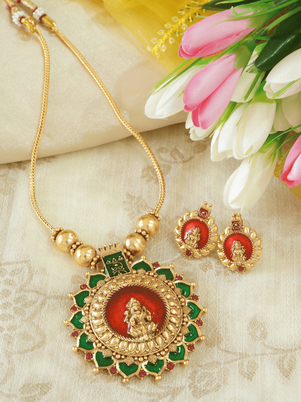 Vibrant Kemp Stone Studded Laxmi Temple Necklace Set