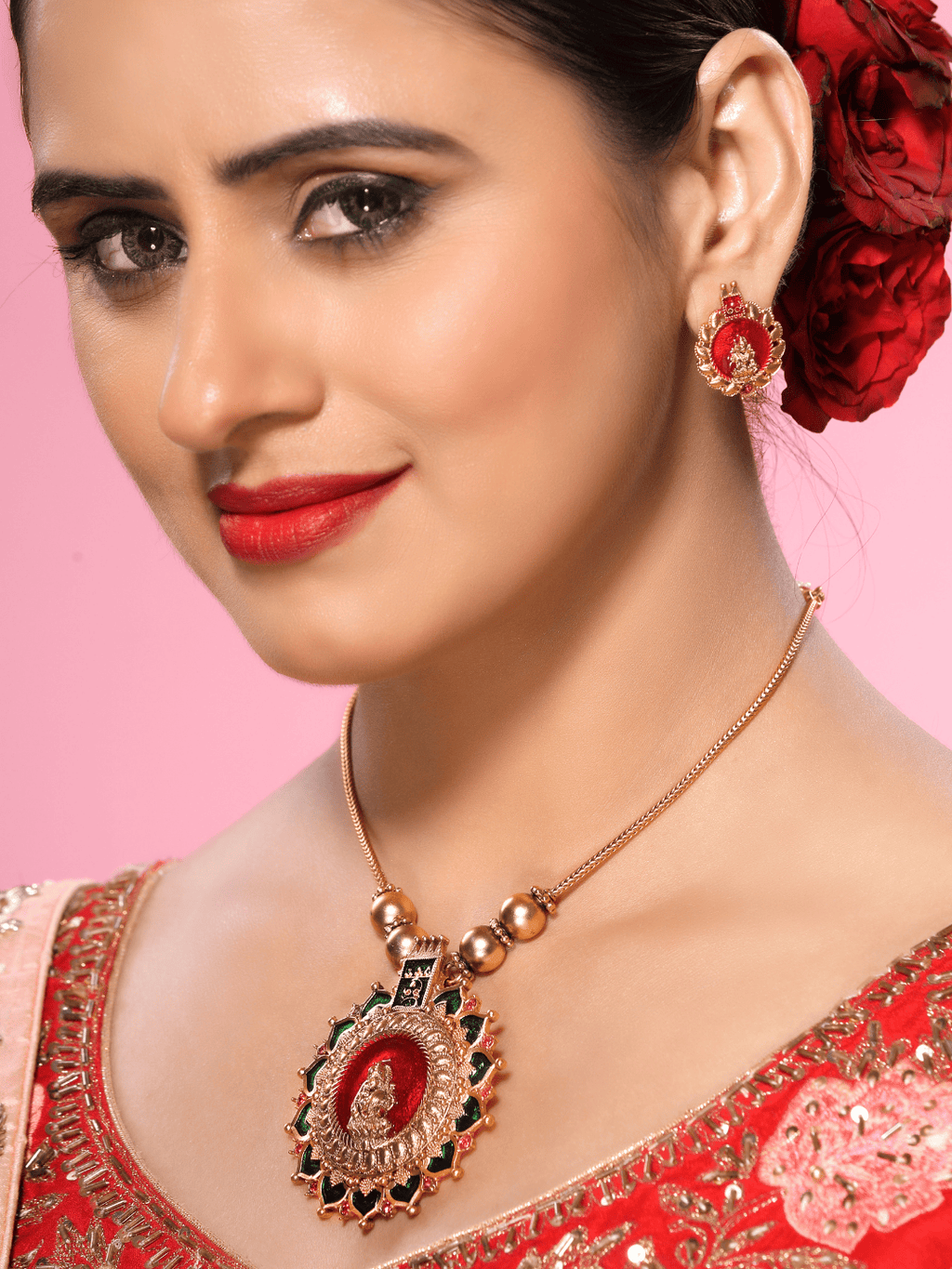 Vibrant Kemp Stone Studded Laxmi Temple Necklace Set