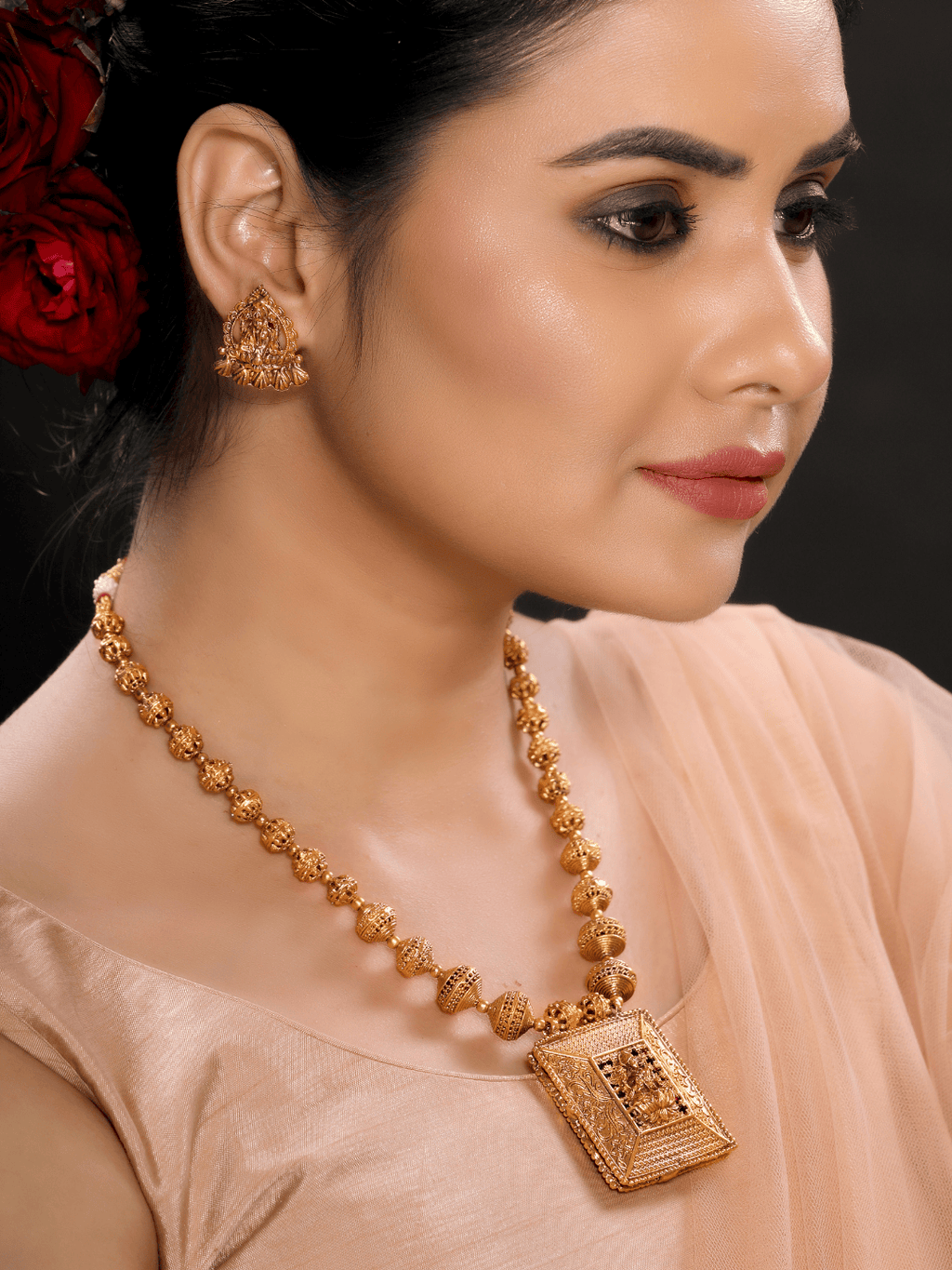Gold Plated Beaded Laxmi Necklace Pendant Set