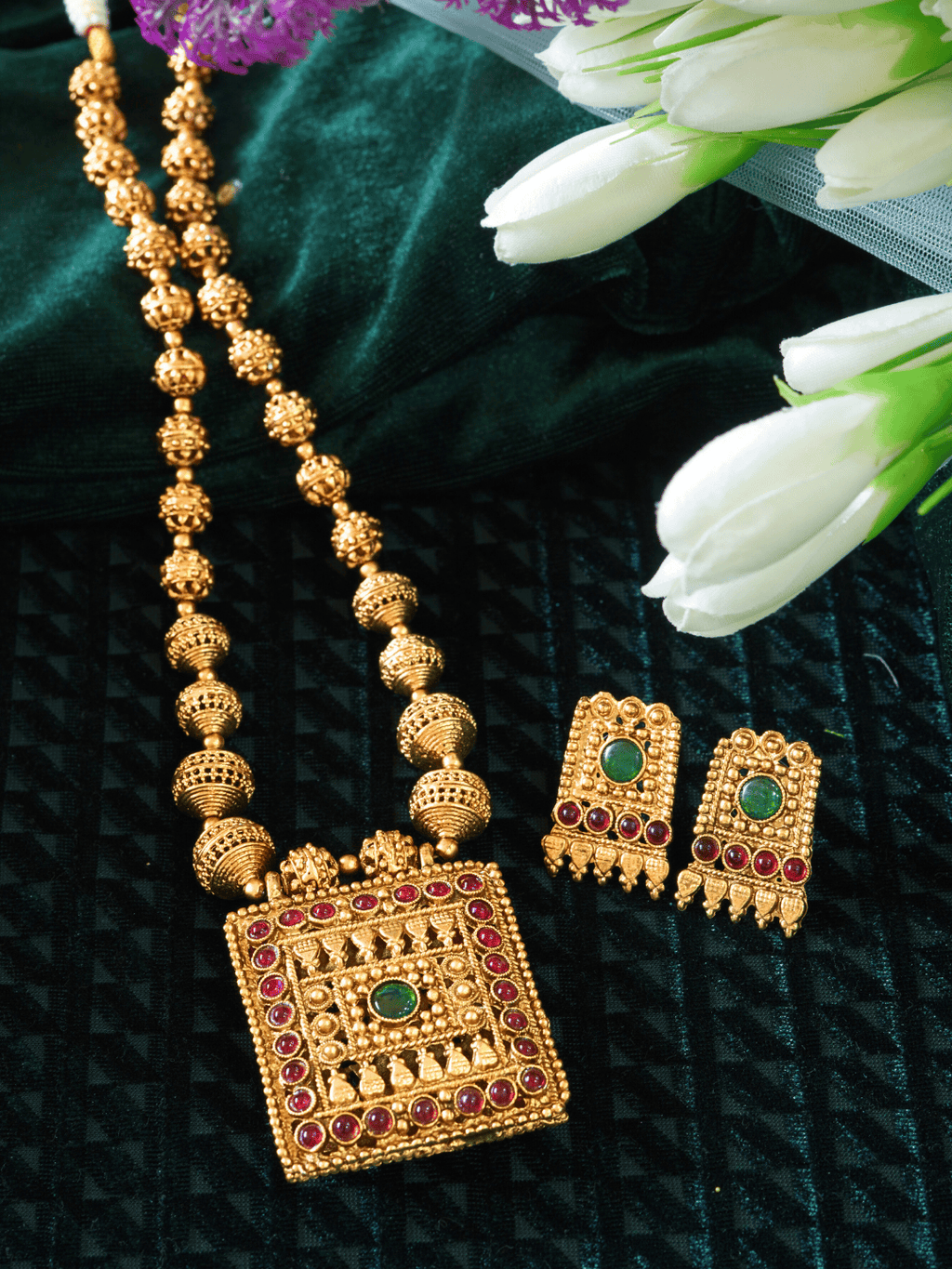 Gold Plated Beaded Laxmi Necklace Pendant Set