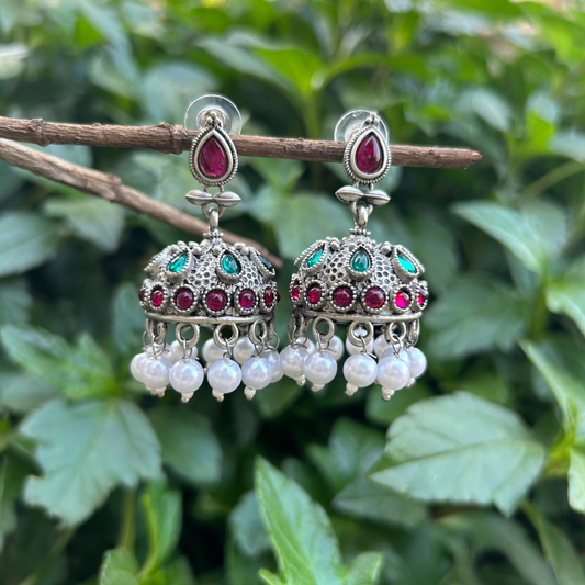 Jaipuri Stone & Pearl Oxidized Jhumka Earrings