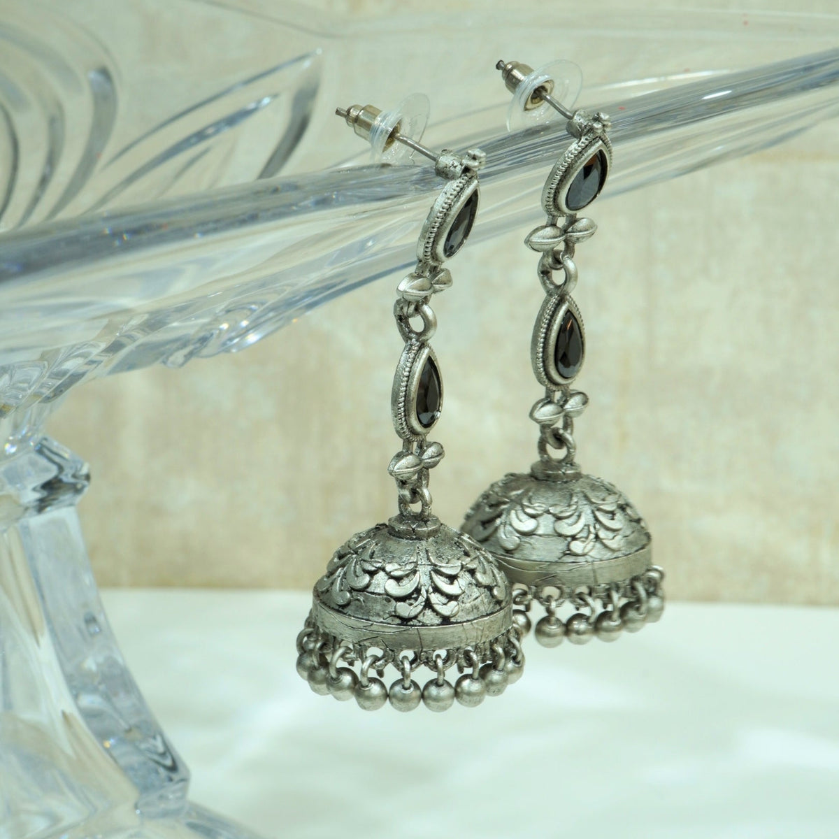 Handcrafted Oxidized Black Stones & Ghungroo Jhumka