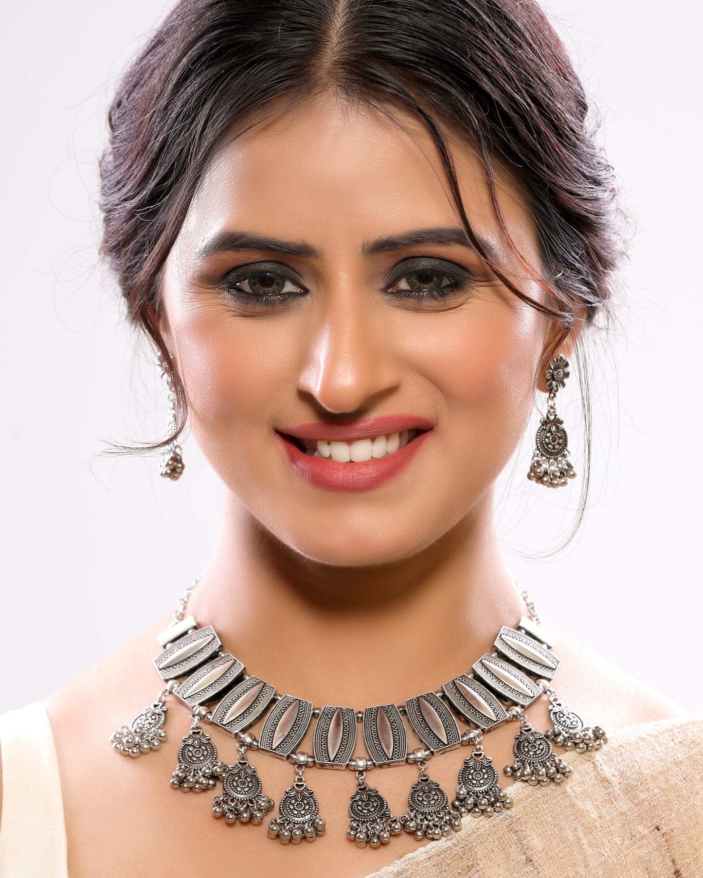 Hanging Beaded Chandbalas Silver Oxidized Choker Necklace Set with Pair of Dangler Earrings