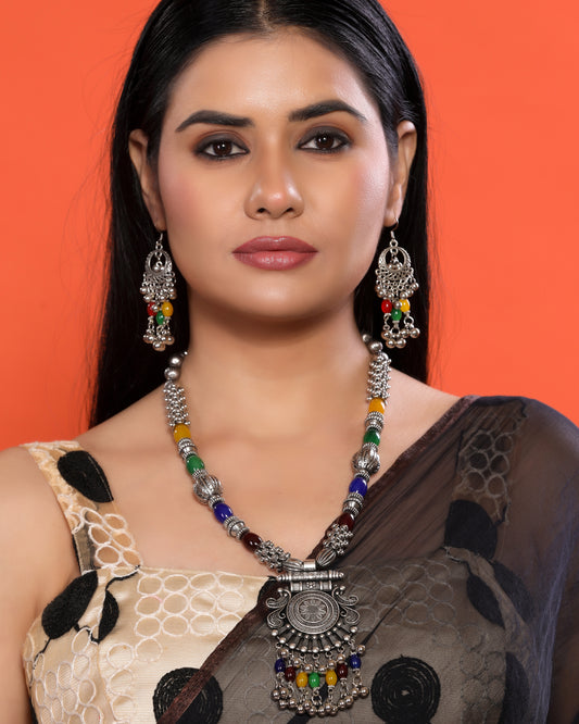 Multicolour Crystal Beaded Chandbala Pendant Silver Oxidized Necklace Set with Dangler Earrings