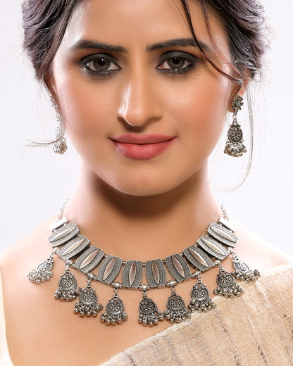 Hanging Beaded Chandbalas Silver Oxidized Choker Necklace Set with Pair of Dangler Earrings