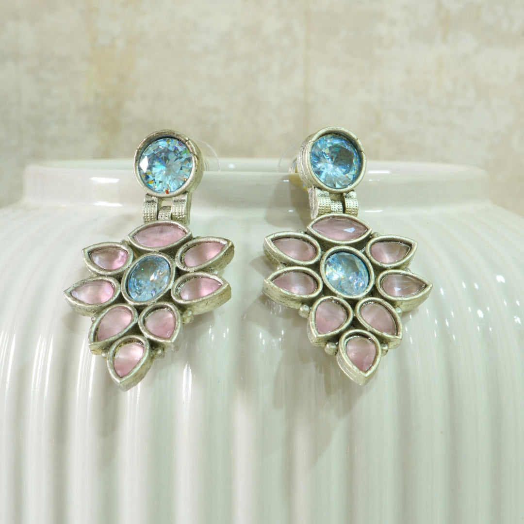 Soft Pink Leafy Oxidized Drop Earrings