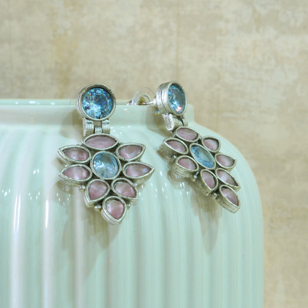 Soft Pink Leafy Oxidized Drop Earrings