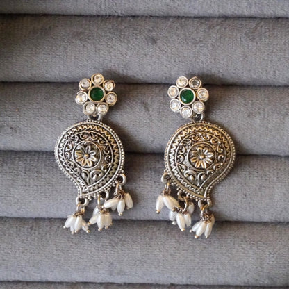 Beautiful Oxidized Leaf Shaped Danglers studded with Jaipuri Stone, Pearl, & American Diamond