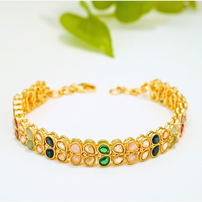 Stunning Multicoloured Studded Crystals in Traditional Gold Plated Linear Chain Bracelet
