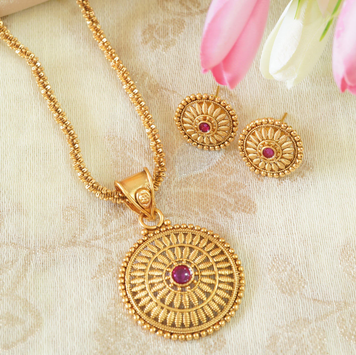 Ruby Studded Statement Pendant Set