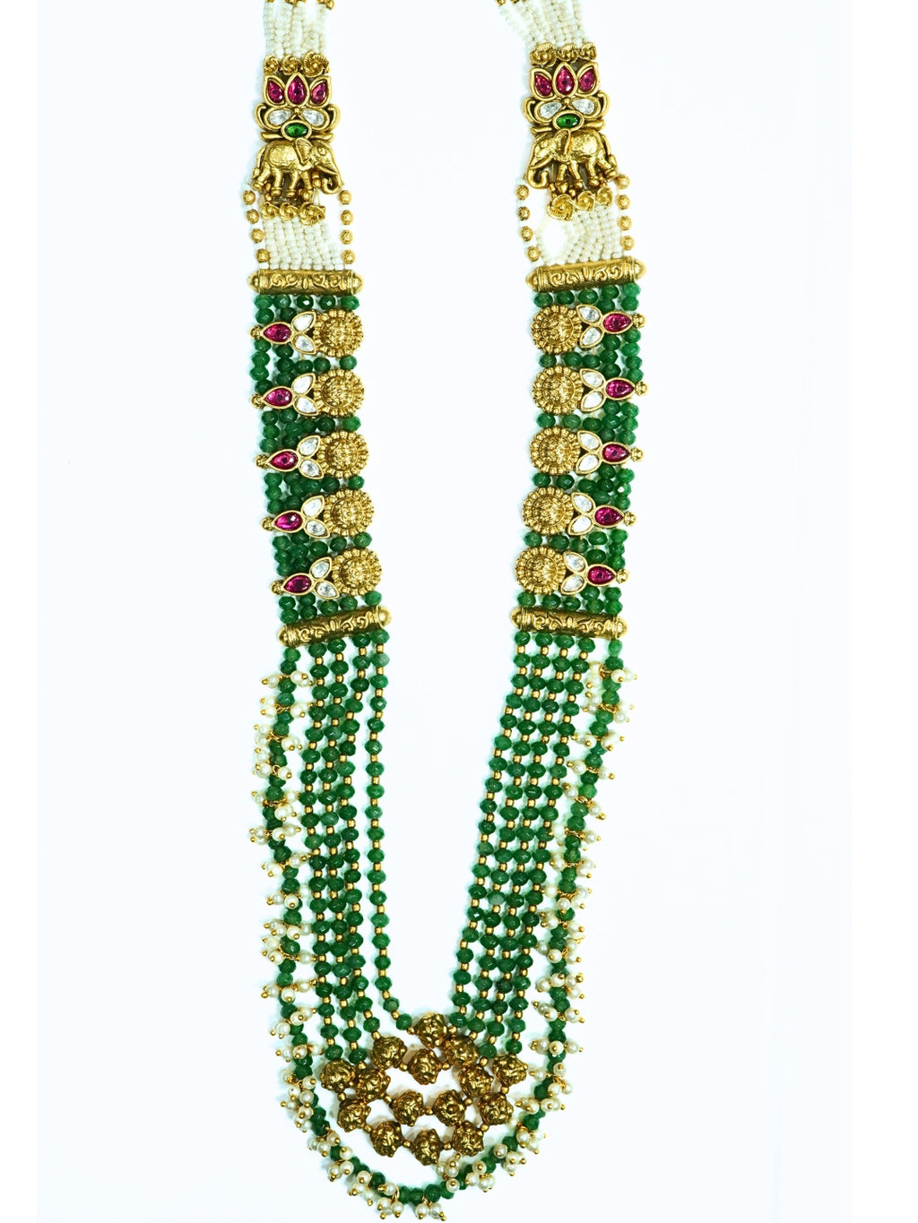 Long Rajwadi Gold Plated Ruby Kundan Green Necklace Set