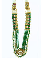Long Rajwadi Gold Plated Ruby Kundan Green Necklace Set