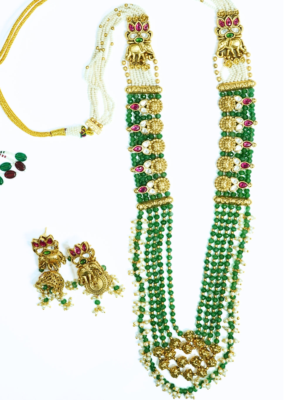 Long Rajwadi Gold Plated Ruby Kundan Green Necklace Set