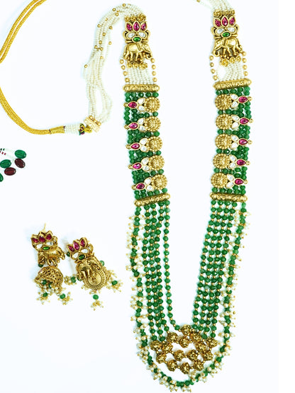 Long Antique Gold Plated Ruby Kundan Green Necklace Set