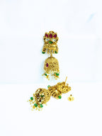 Long Rajwadi Gold Plated Ruby Kundan Green Necklace Set