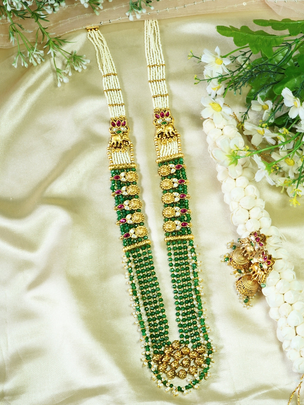 Long Rajwadi Gold Plated Ruby Kundan Green Necklace Set