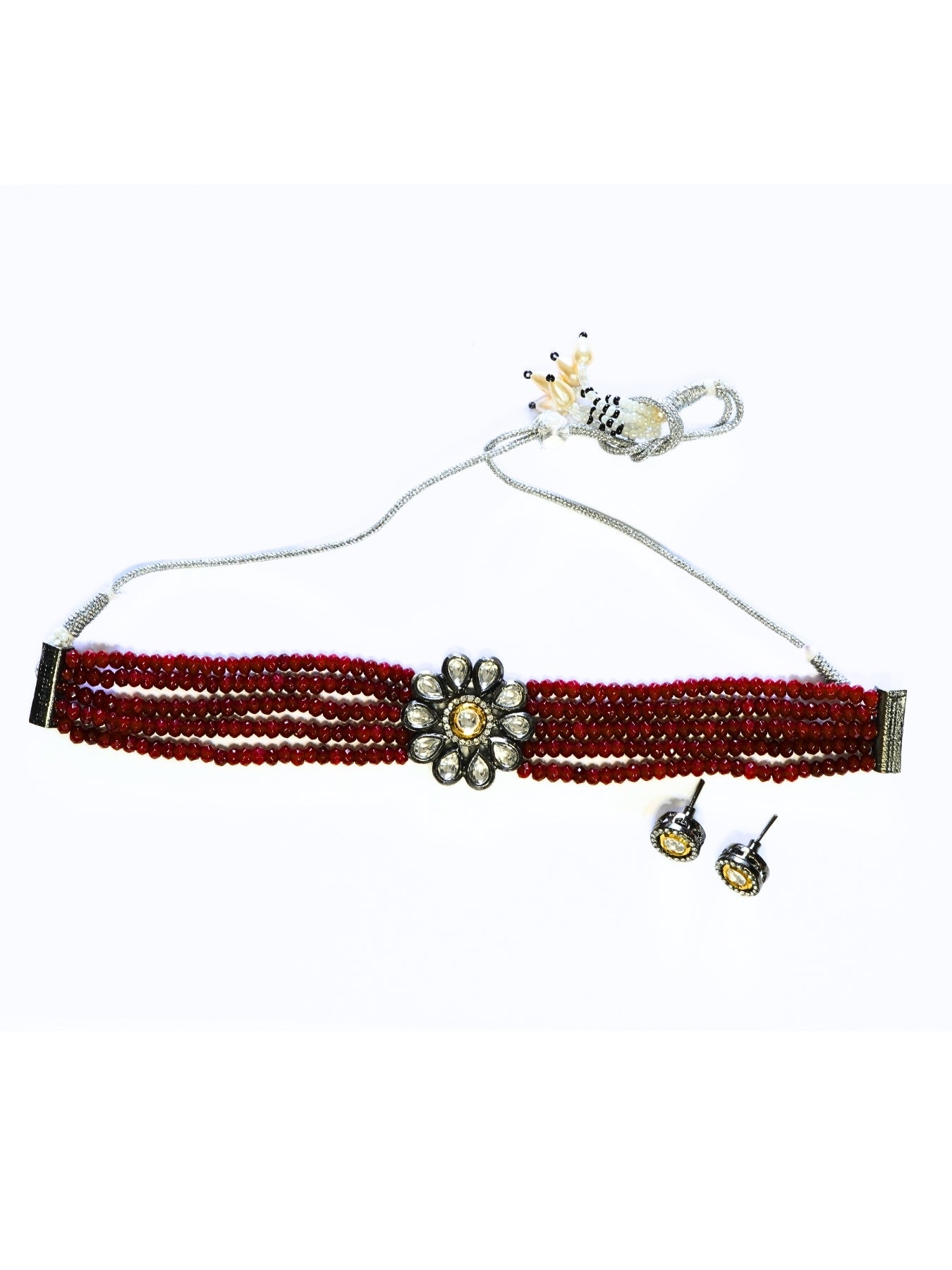 Rhodium Plated Floral Kundan & AD Maroon Choker Necklace Set