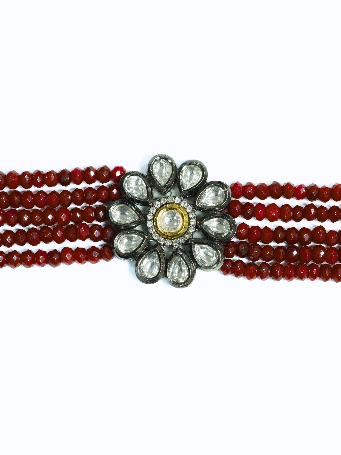 Rhodium Plated Floral Kundan & AD Maroon Choker Necklace Set