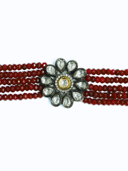 Rhodium Plated Floral Kundan & AD Maroon Choker Necklace Set
