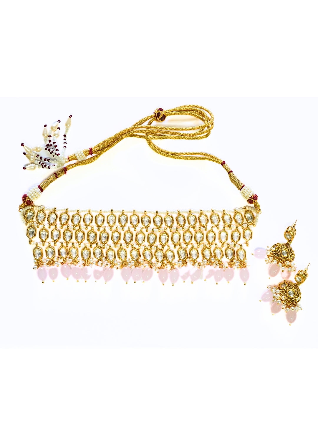 Three Layered Kundan n Pink Bold Motif Choker Necklace Set