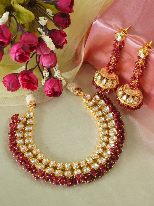 Velvet Red Pearl Kundan Necklace Set