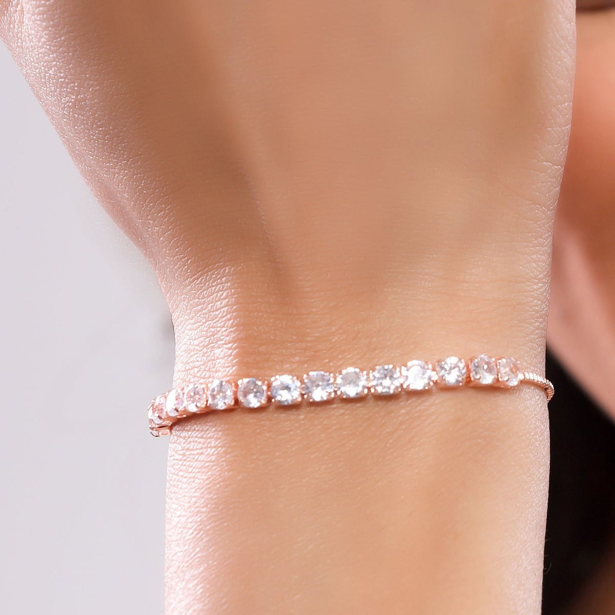 5A Zirconia Studded Linea Rose Gold Plated Stainless Steel Tennis Chain Bracelet