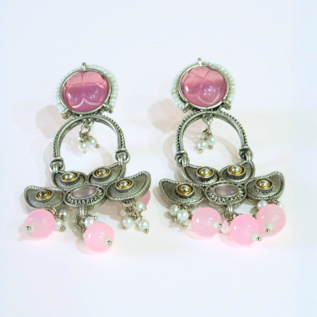 Bold Oxidized Dangler Earrings with Pink Stone & Pearls