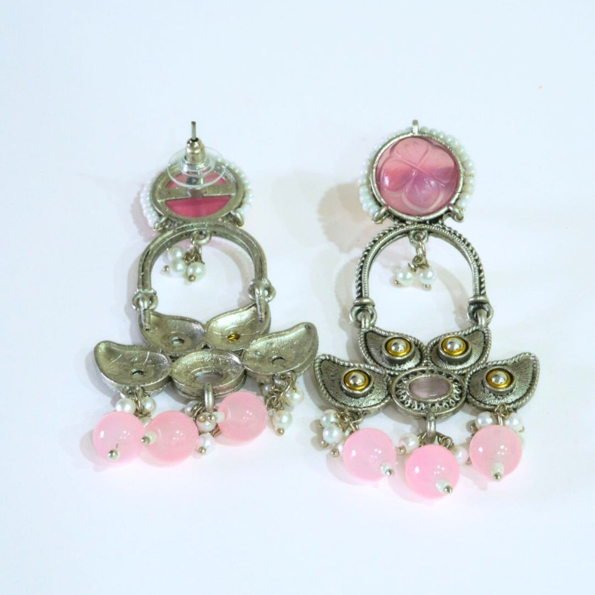 Bold Oxidized Dangler Earrings with Pink Stone & Pearls