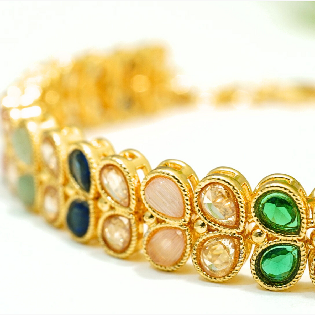 Stunning Multicoloured Studded Crystals in Traditional Gold Plated Linear Chain Bracelet
