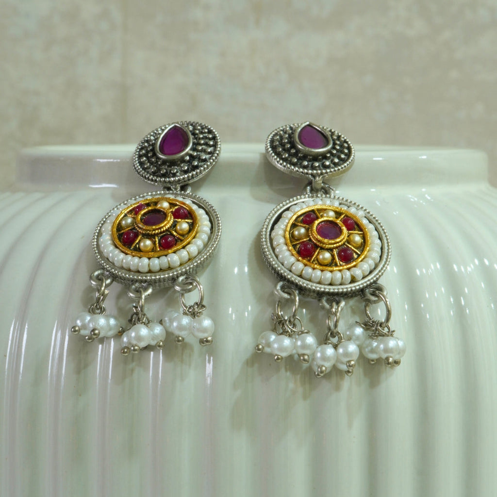 Dual-Tone Oxidized Earrings with Jaipuri Stones & Pearls
