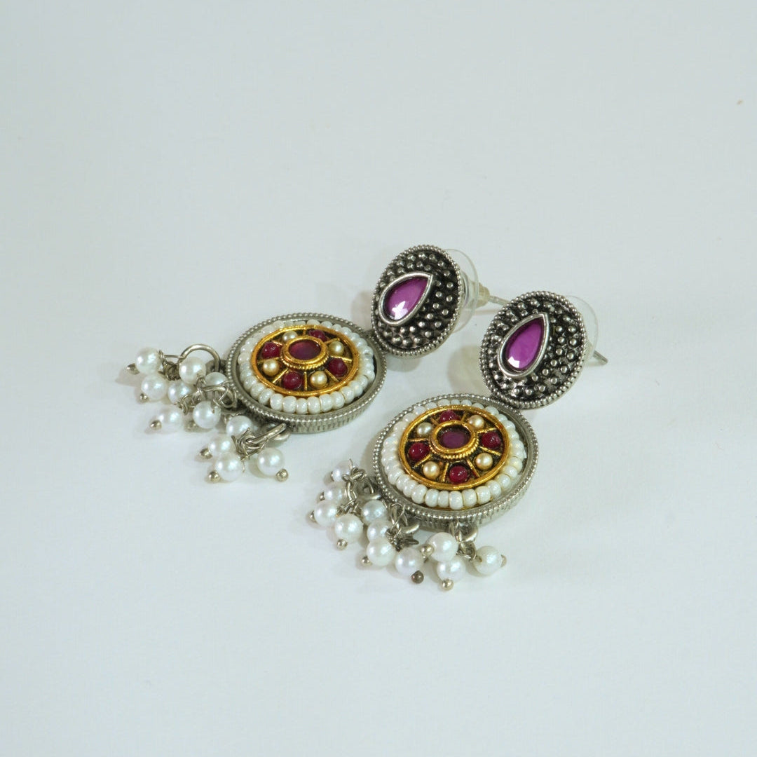 Dual-Tone Oxidized Earrings with Jaipuri Stones & Pearls