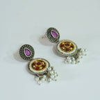 Dual-Tone Oxidized Earrings with Jaipuri Stones & Pearls