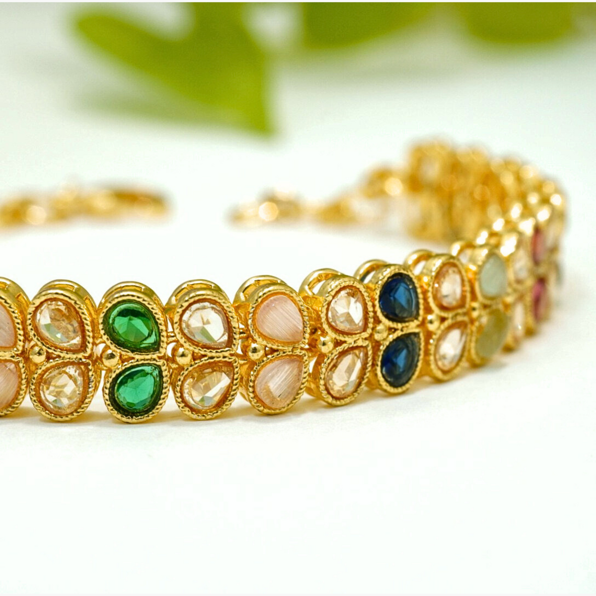 Stunning Multicoloured Studded Crystals in Traditional Gold Plated Linear Chain Bracelet