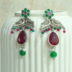 Enchanting Floral Bird Motif Oxidized Dangler Earrings