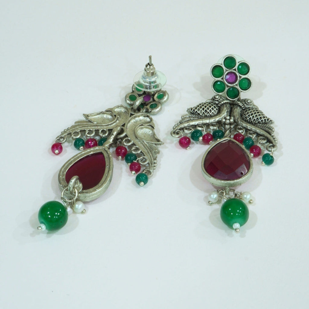 Enchanting Floral Bird Motif Oxidized Dangler Earrings