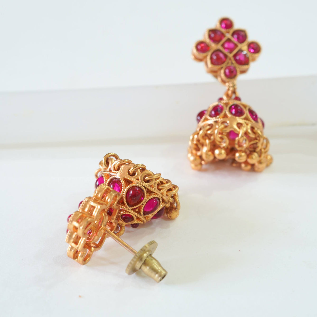 Radiant Ruby Studded Pearl Pendant Set with Jhumkas